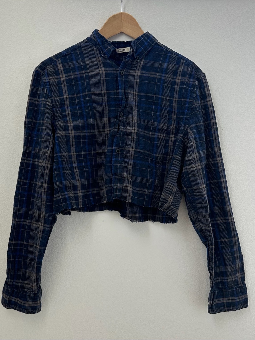 Cropped Blue Plaid Button-Up Women's Top